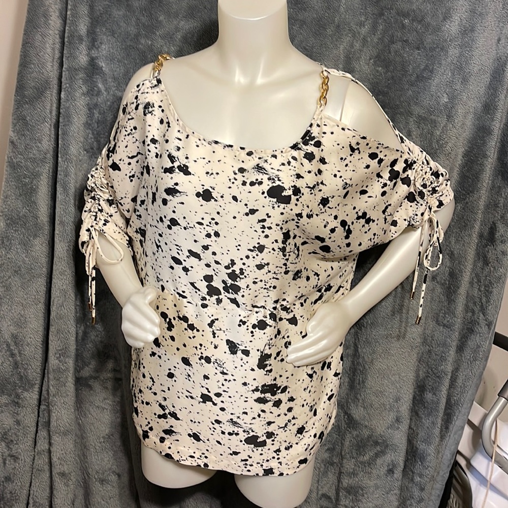Off the shoulder, black and white blouse